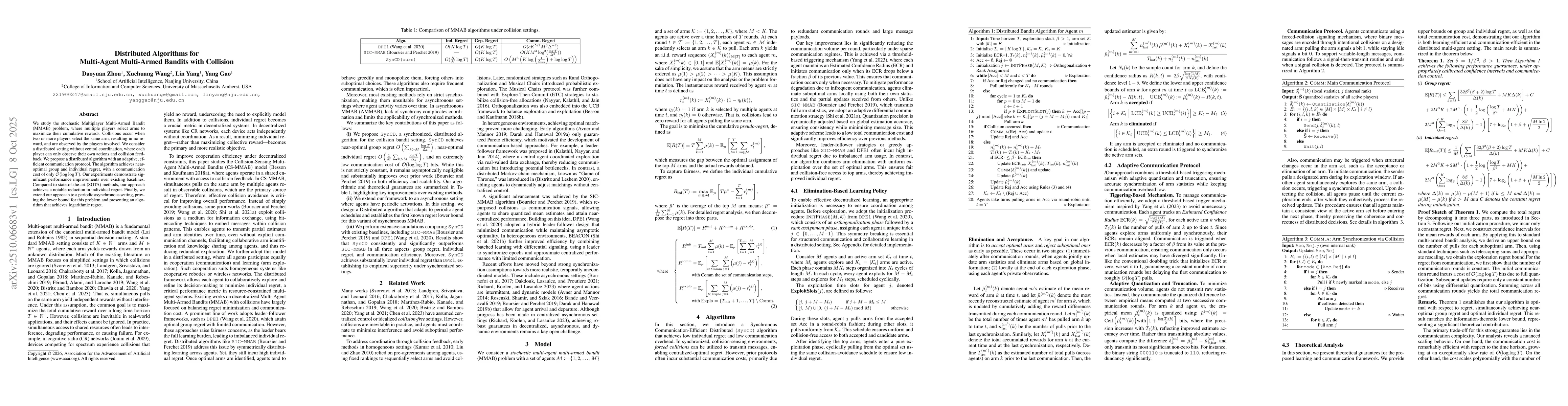 Thumbnail for Distributed Algorithms for Multi-Agent Multi-Armed Bandits with
  Collision