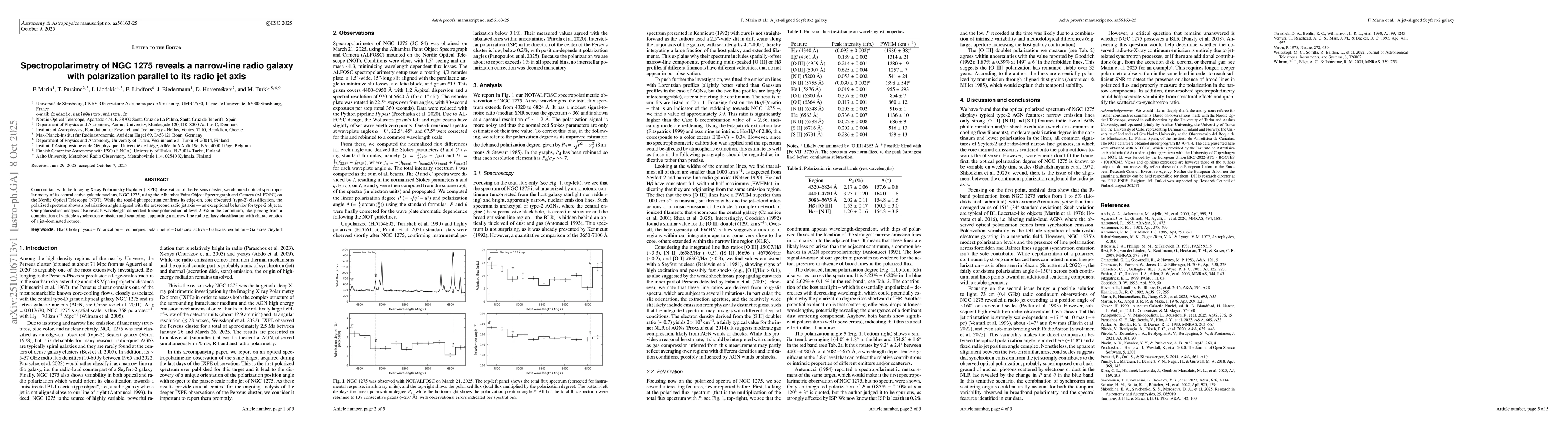 Thumbnail for Spectropolarimetry of NGC 1275 reveals a narrow-line radio galaxy with
  polarization parallel to its radio jet axis