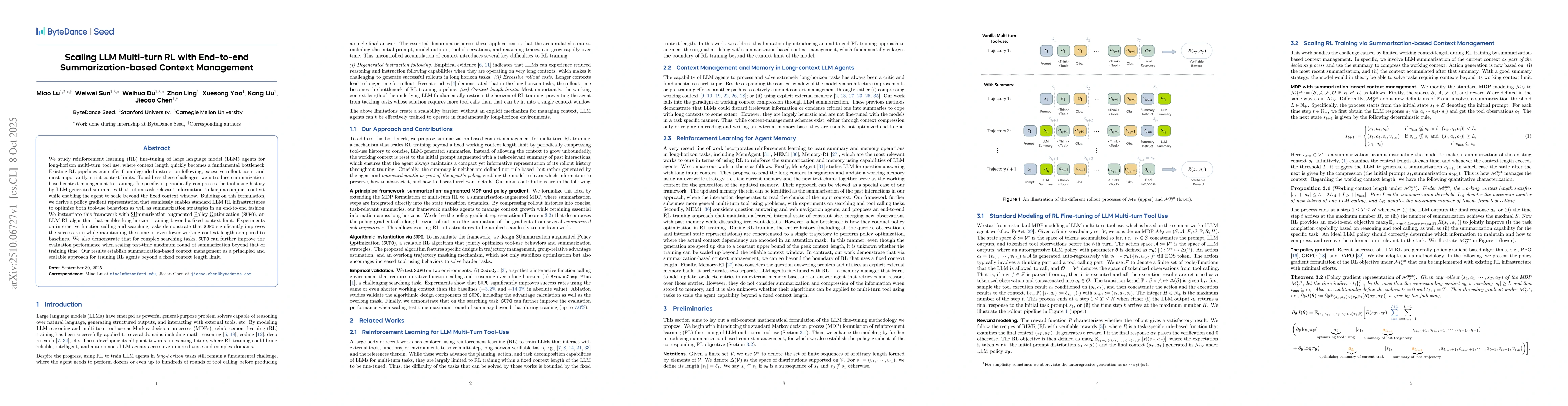 Thumbnail for Scaling LLM Multi-turn RL with End-to-end Summarization-based Context
  Management