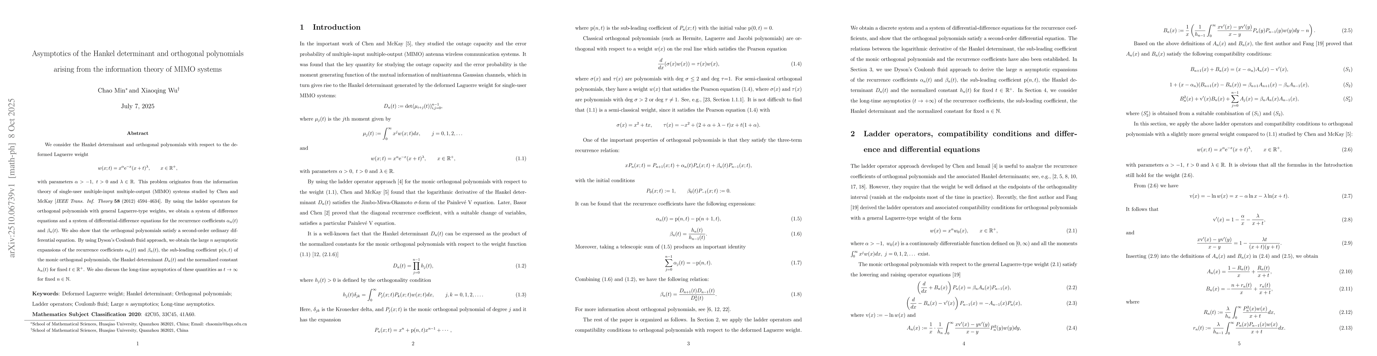Thumbnail for Asymptotics of the Hankel determinant and orthogonal polynomials arising
  from the information theory of MIMO systems
