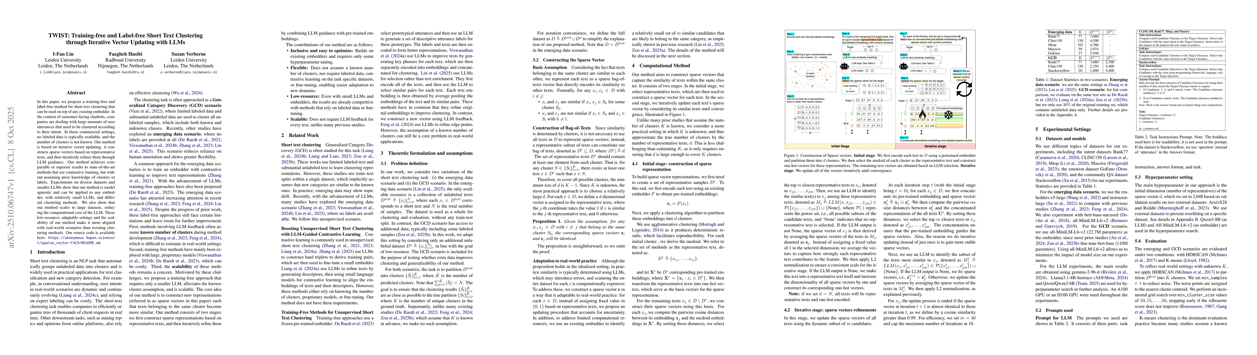 Thumbnail for TWIST: Training-free and Label-free Short Text Clustering through
  Iterative Vector Updating with LLMs