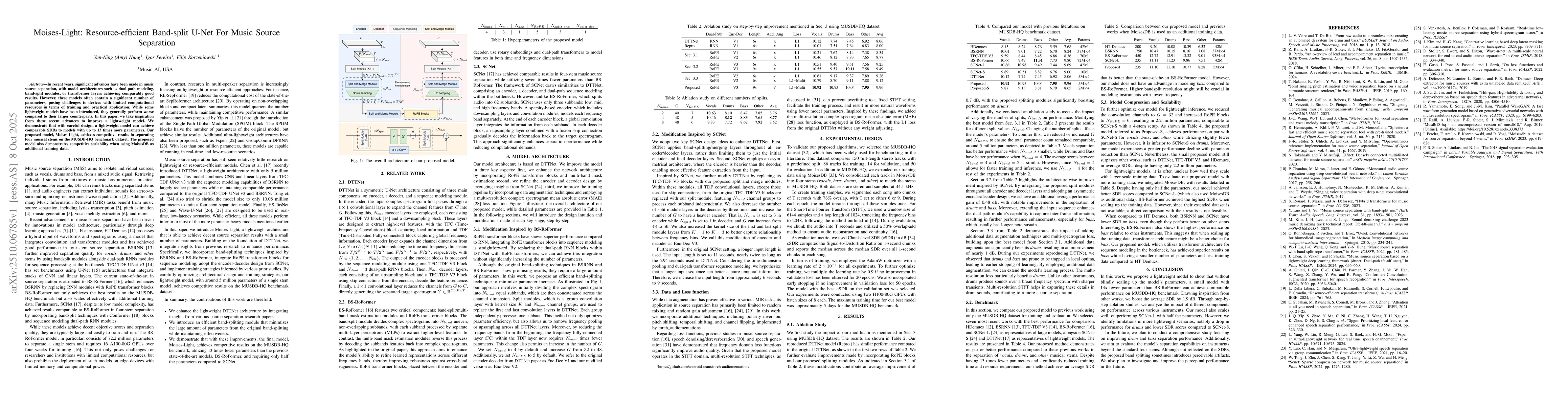 Thumbnail for Moises-Light: Resource-efficient Band-split U-Net For Music Source
  Separation