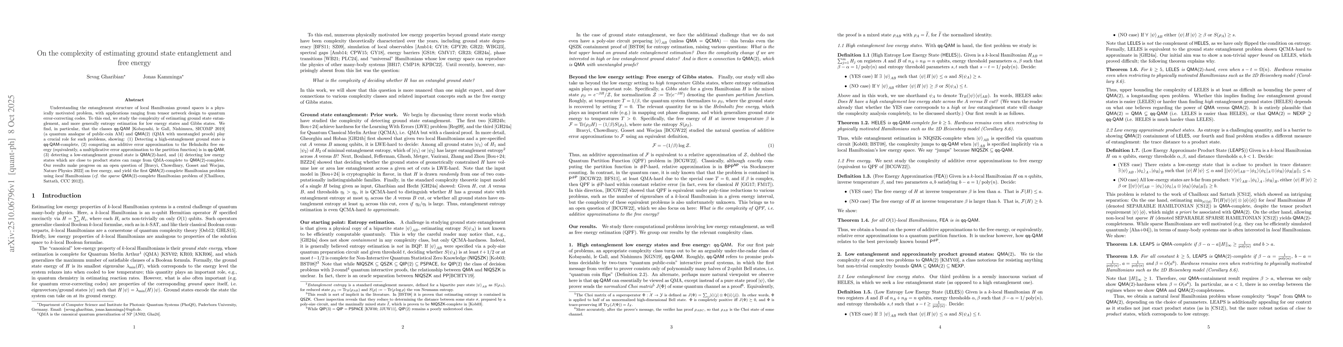 Thumbnail for On the complexity of estimating ground state entanglement and free
  energy