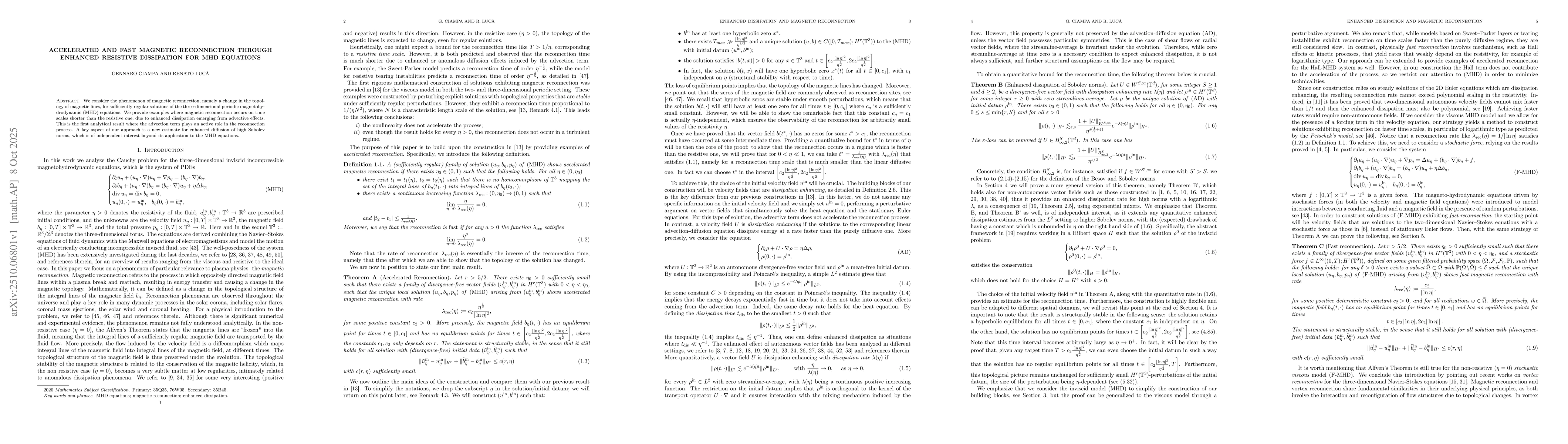 Thumbnail for Accelerated and fast magnetic reconnection through enhanced resistive
  dissipation for MHD equations