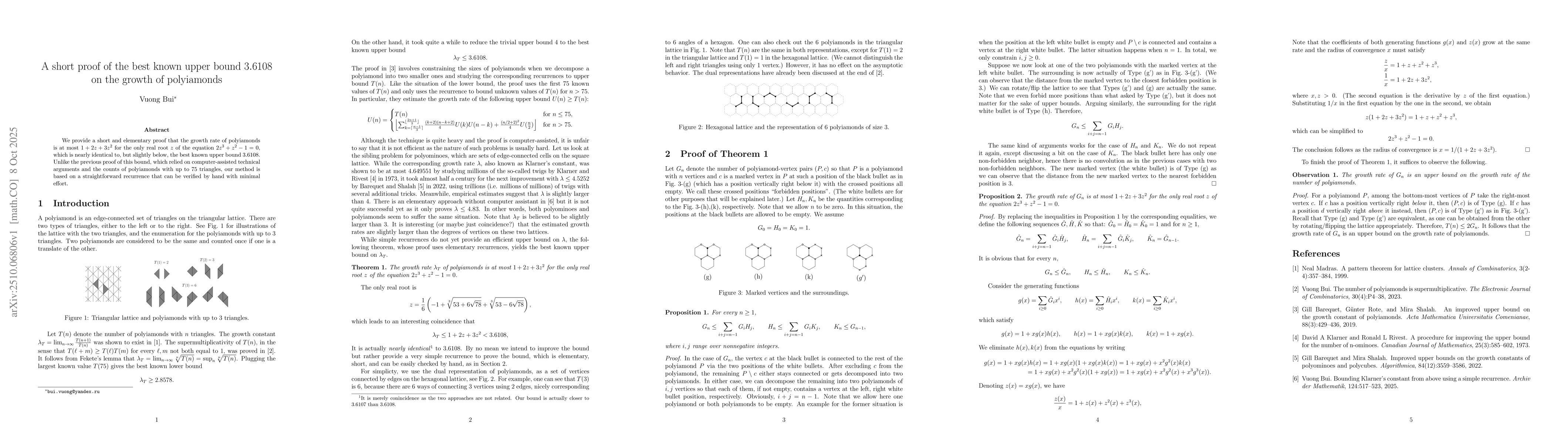 Thumbnail for A short proof of the best known upper bound $3.6108$ on the growth of
  polyiamonds
