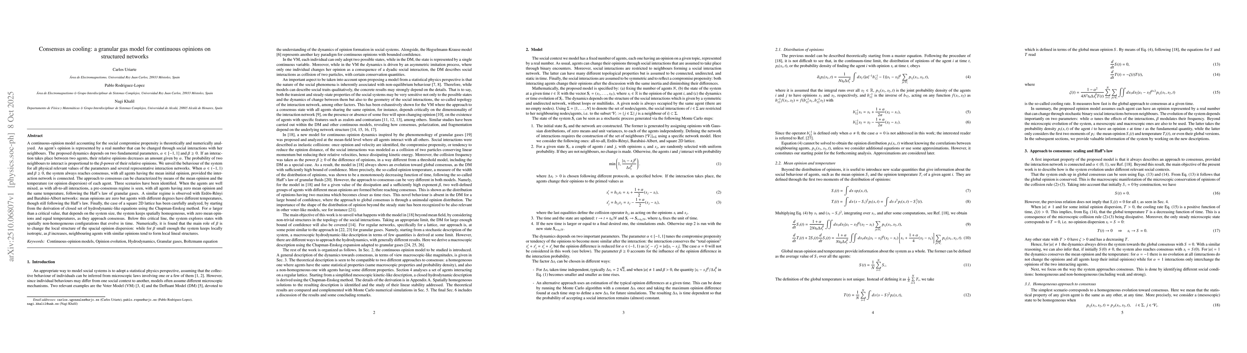 Thumbnail for Consensus as cooling: a granular gas model for continuous opinions on
  structured networks