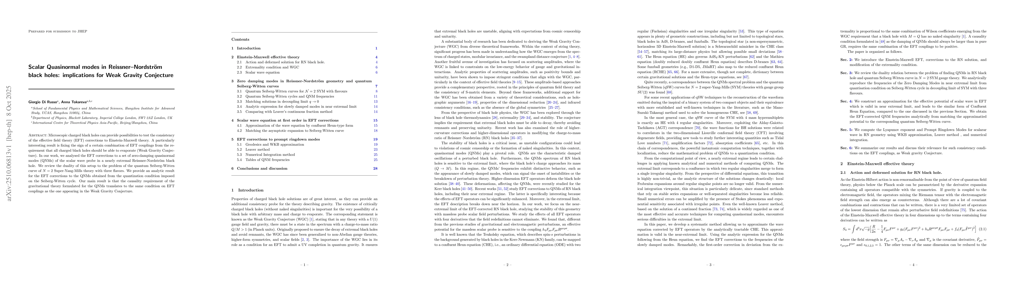 Thumbnail for Scalar Quasinormal modes in Reissner--Nordström black holes:
  implications for Weak Gravity Conjecture