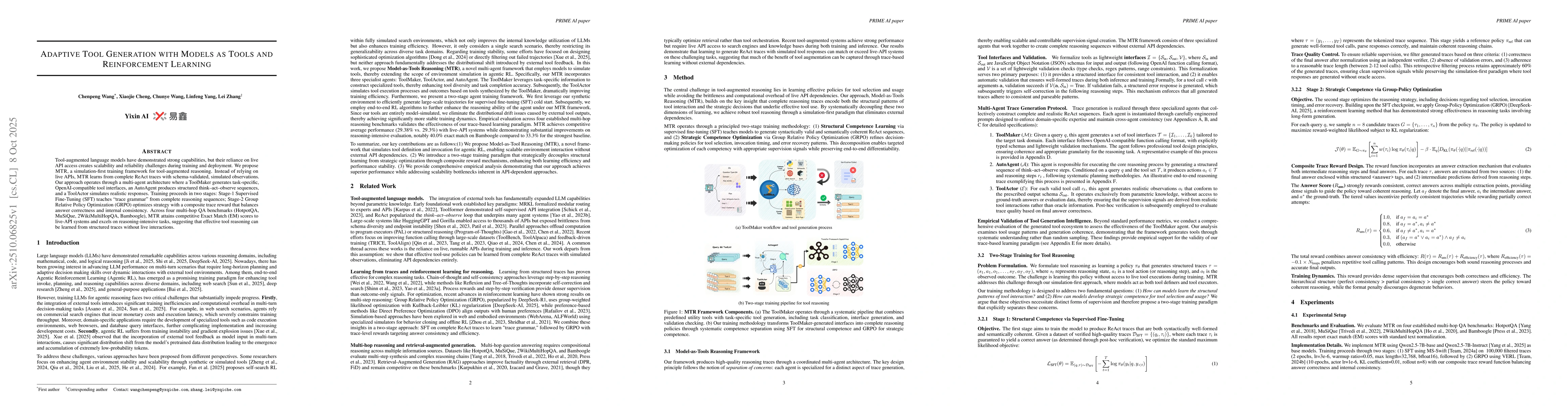 Thumbnail for Adaptive Tool Generation with Models as Tools and Reinforcement Learning
