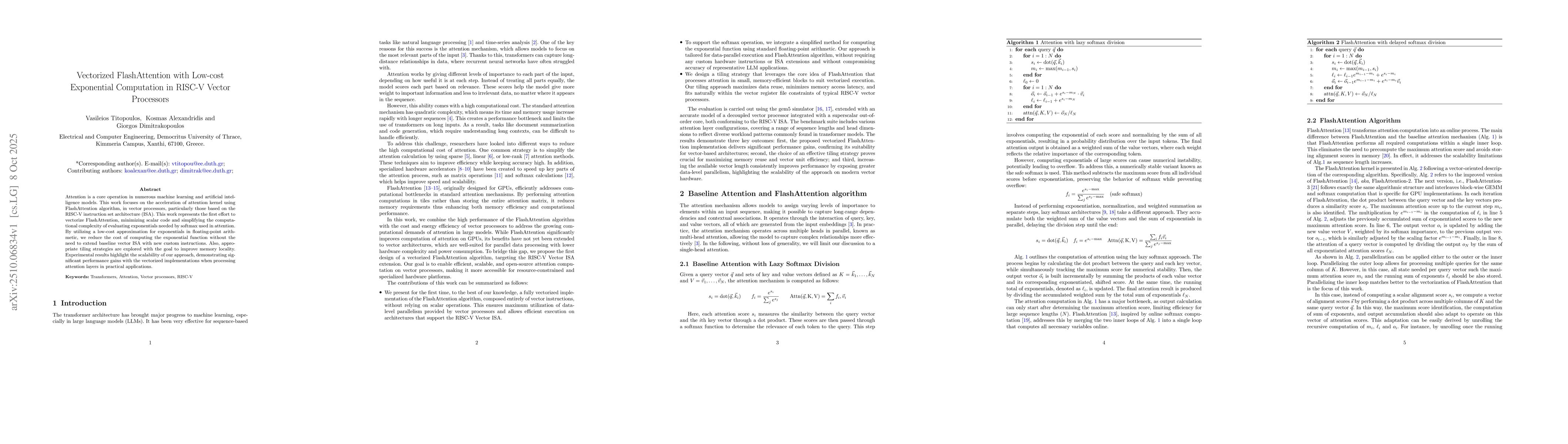 Thumbnail for Vectorized FlashAttention with Low-cost Exponential Computation in
  RISC-V Vector Processors