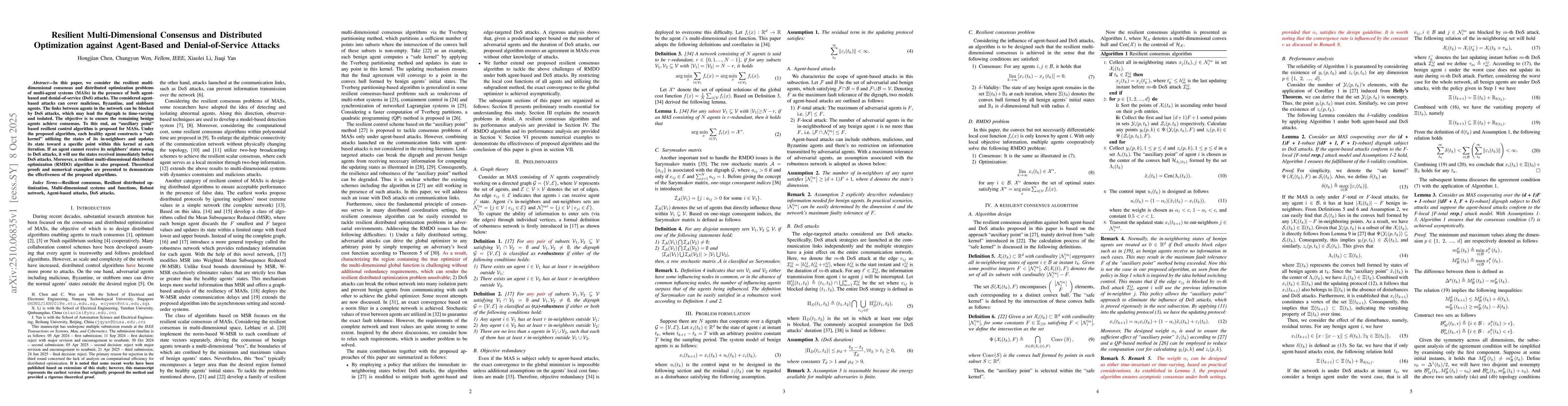 Thumbnail for Resilient Multi-Dimensional Consensus and Distributed Optimization
  against Agent-Based and Denial-of-Service Attacks