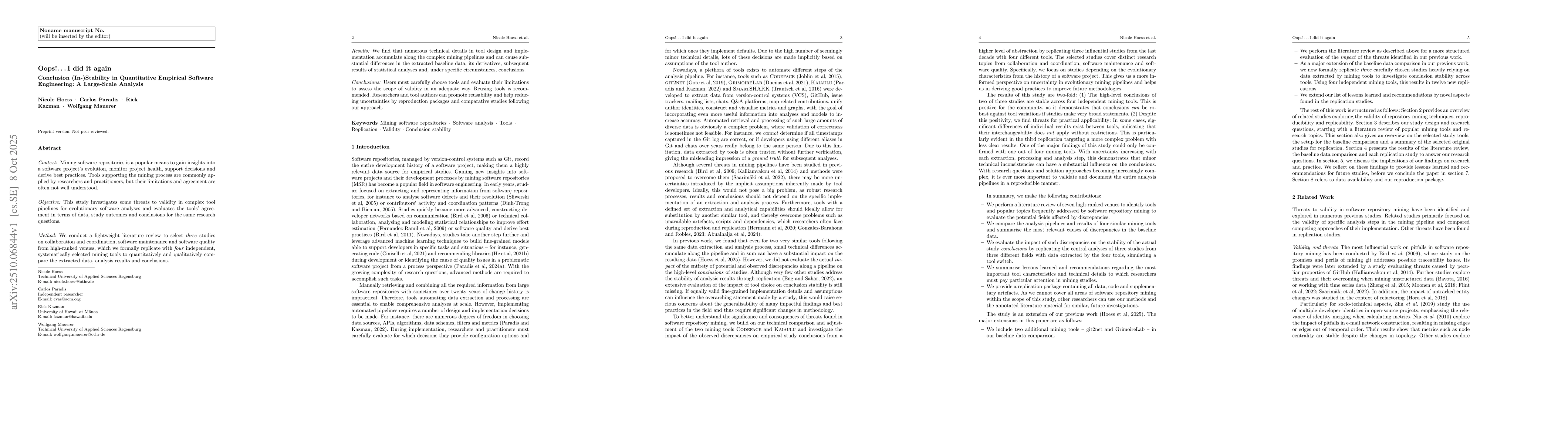 Thumbnail for Oops!... I did it again. Conclusion (In-)Stability in Quantitative
  Empirical Software Engineering: A Large-Scale Analysis