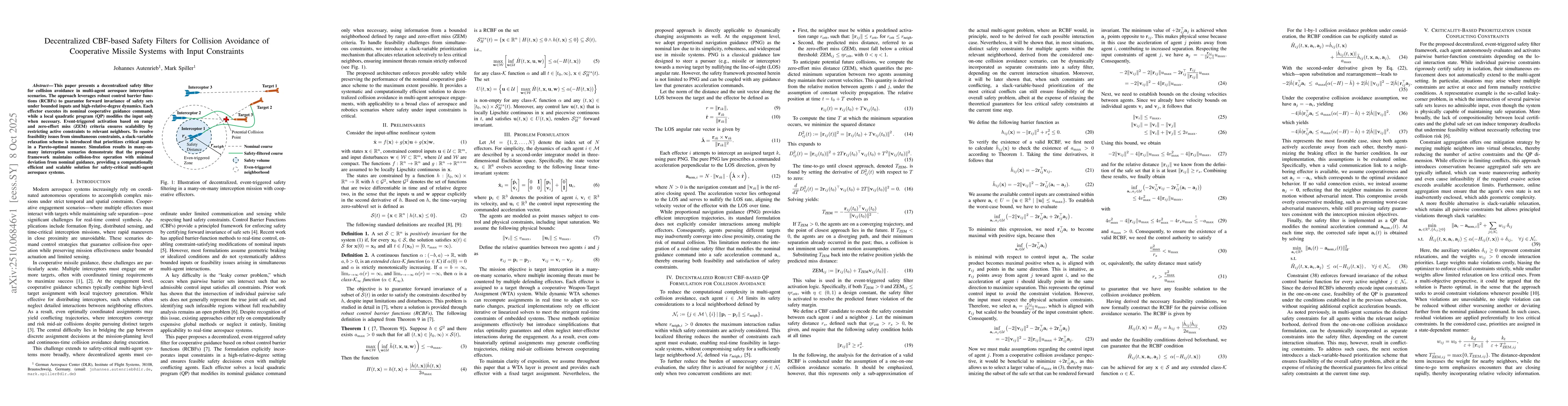 Thumbnail for Decentralized CBF-based Safety Filters for Collision Avoidance of
  Cooperative Missile Systems with Input Constraints