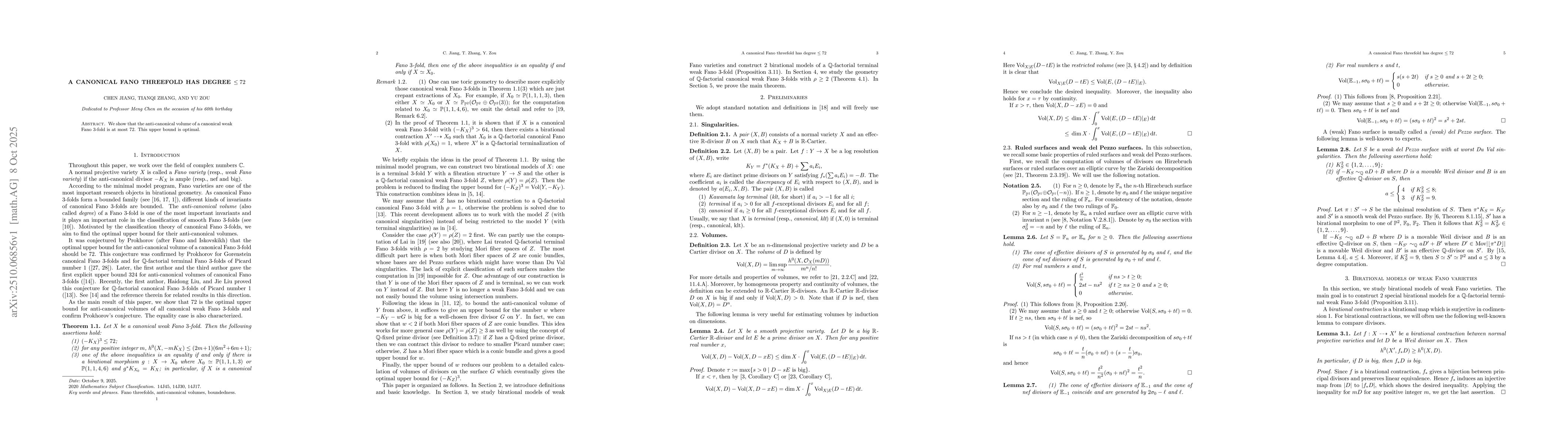 Thumbnail for A canonical Fano threefold has degree $\leq 72$