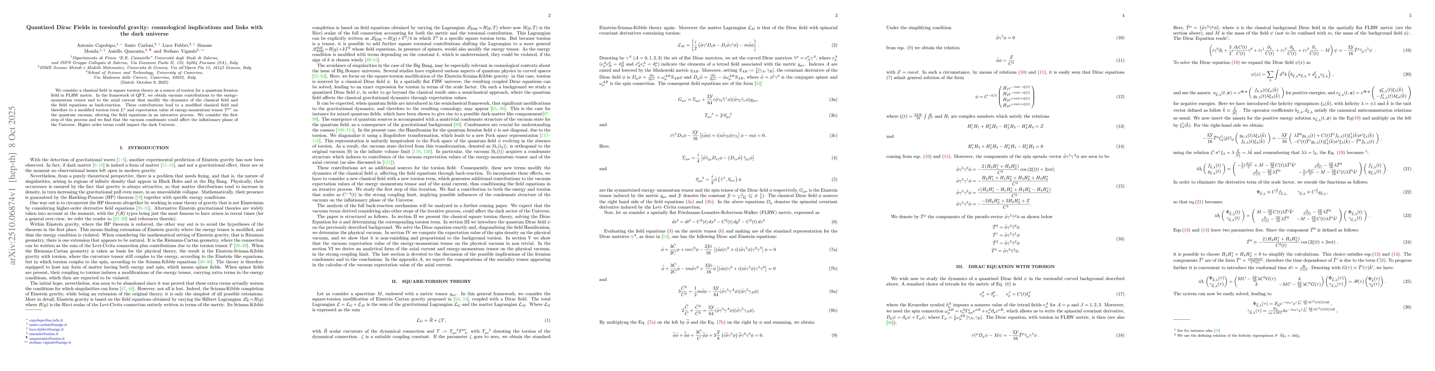 Thumbnail for Quantized Dirac Fields in torsionful gravity: cosmological implications
  and links with the dark universe