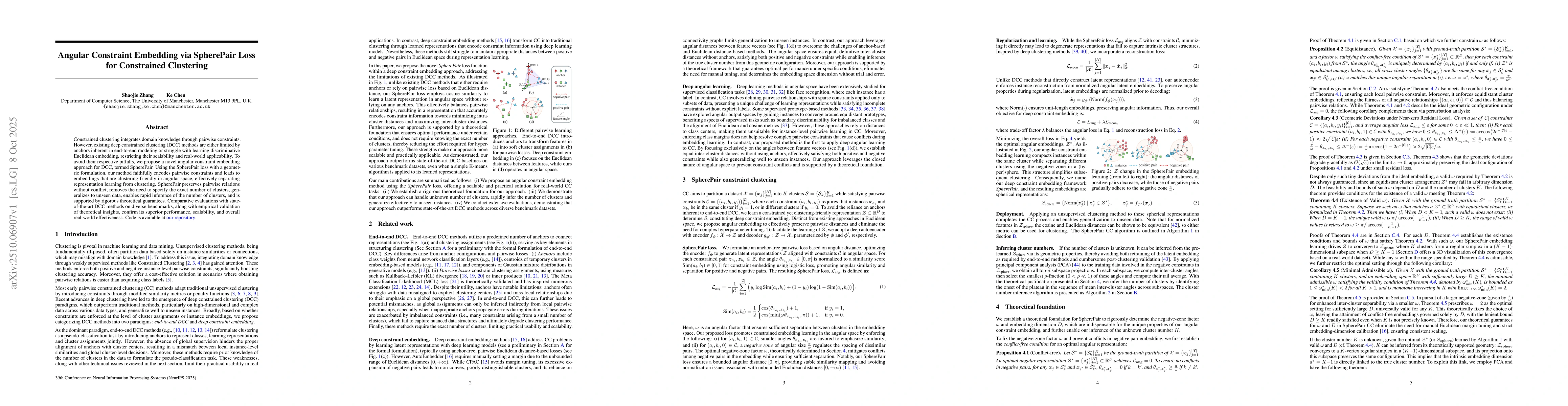 Thumbnail for Angular Constraint Embedding via SpherePair Loss for Constrained
  Clustering