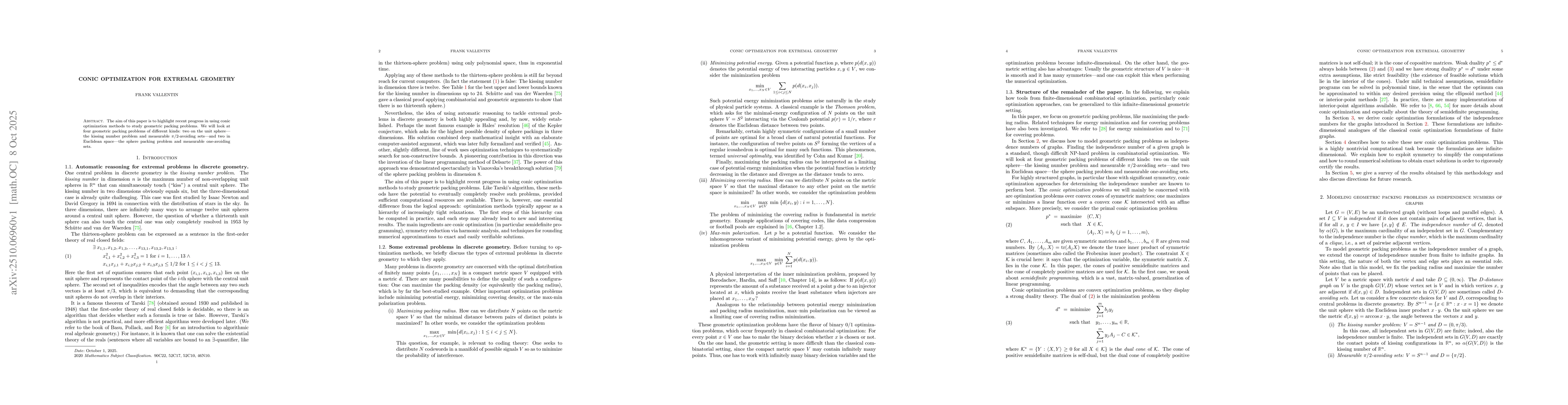 Thumbnail for Conic optimization for extremal geometry
