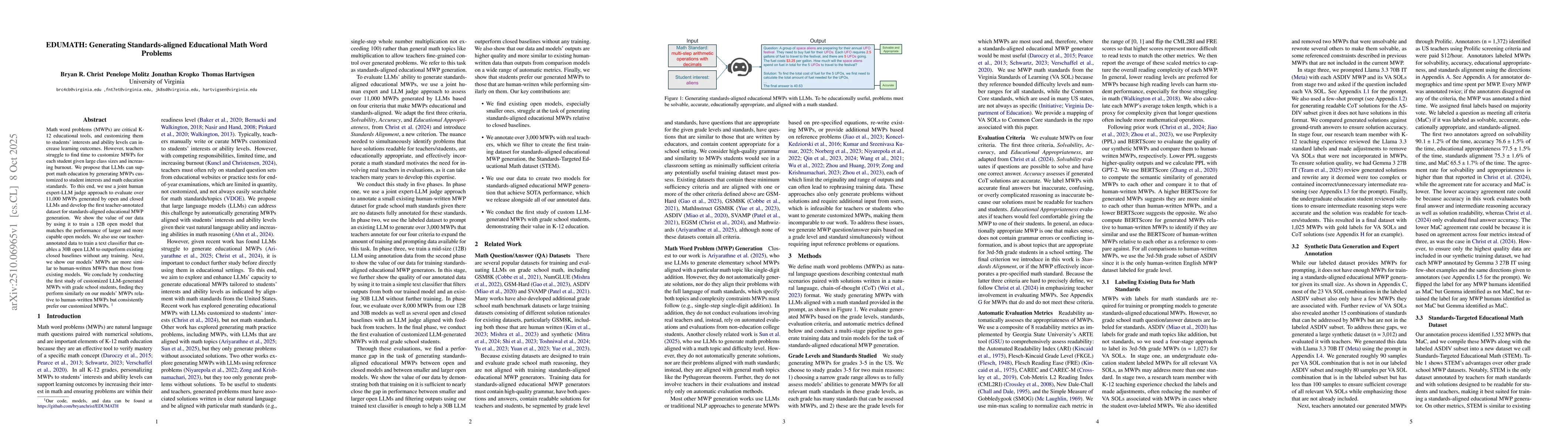 Thumbnail for EDUMATH: Generating Standards-aligned Educational Math Word Problems