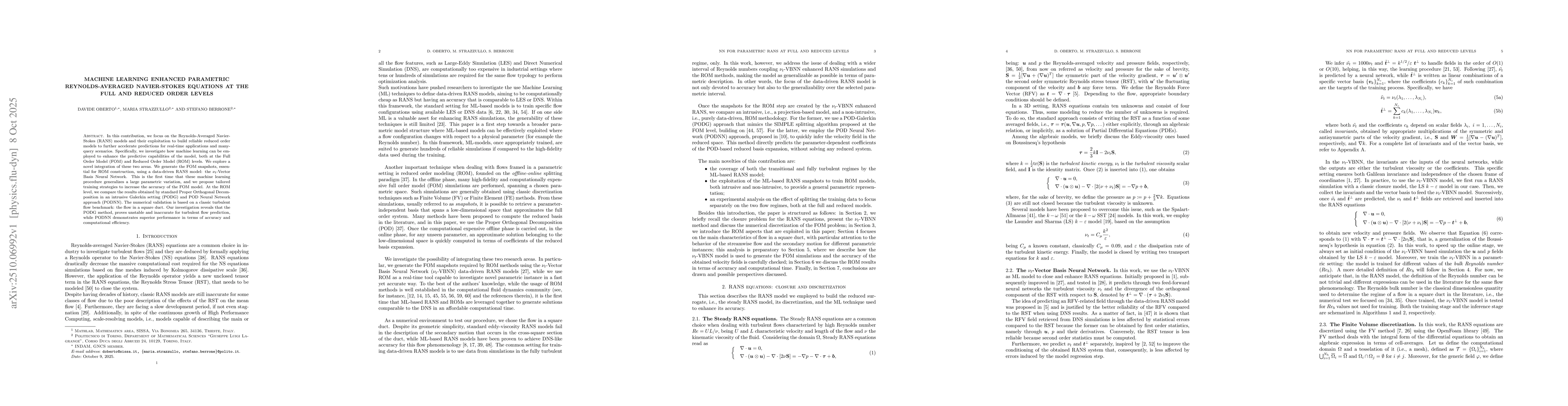 Thumbnail for Machine Learning enhanced parametric Reynolds-averaged Navier-Stokes
  equations at the full and reduced order levels