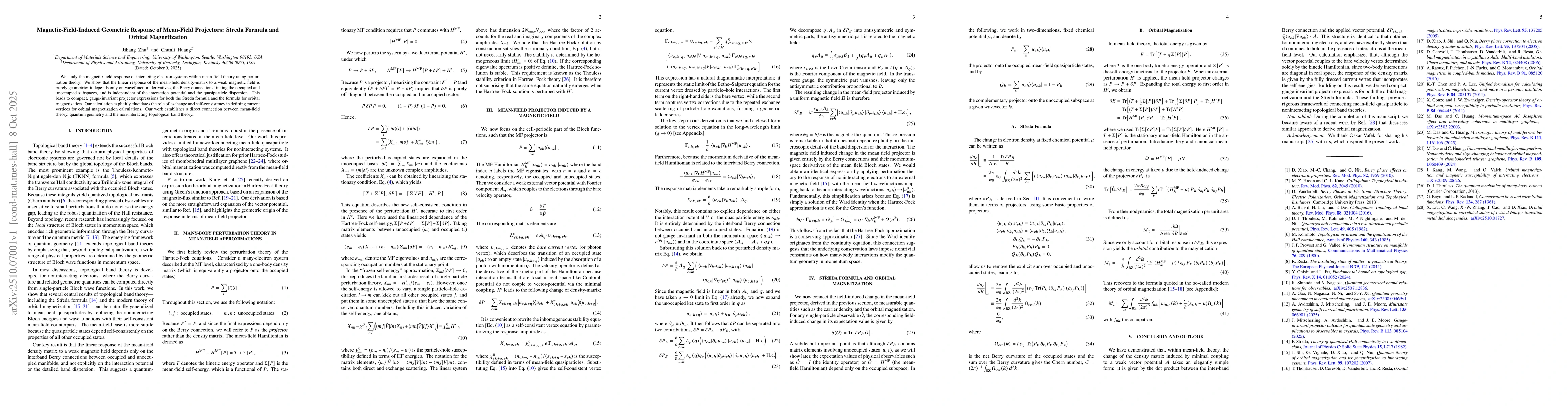 Thumbnail for Magnetic-Field-Induced Geometric Response of Mean-Field Projectors:
  Streda Formula and Orbital Magnetization