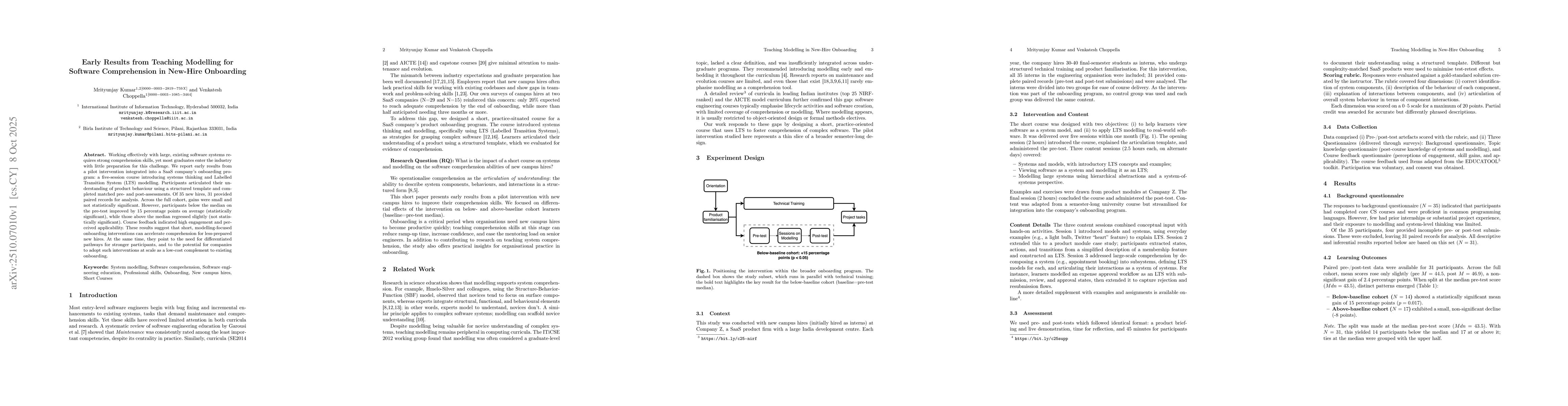 Thumbnail for Early Results from Teaching Modelling for Software Comprehension in
  New-Hire Onboarding