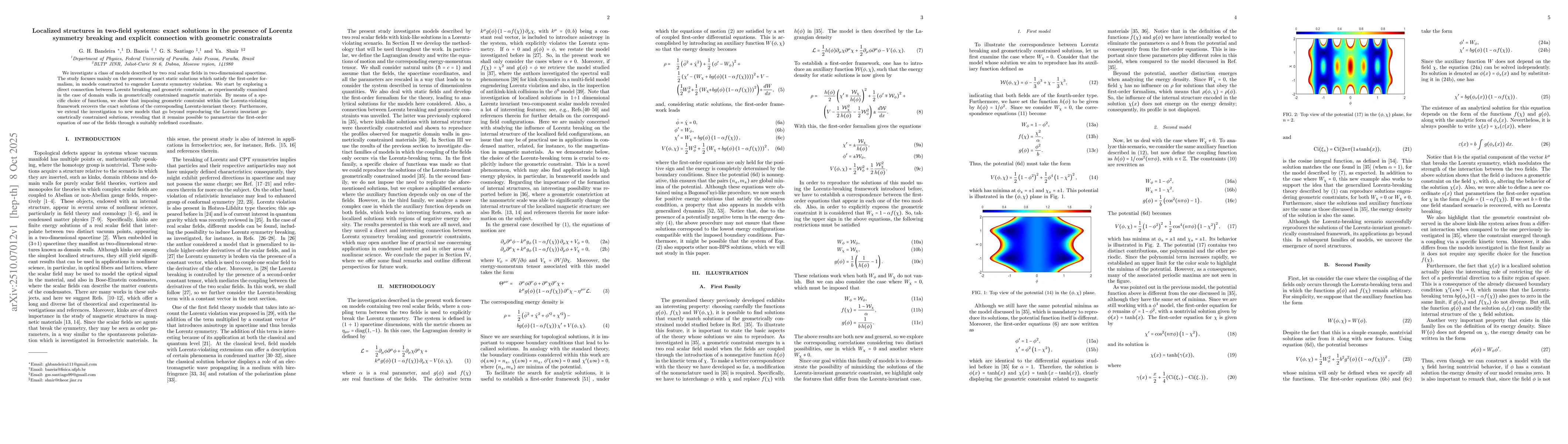 Thumbnail for Localized structures in two-field systems: exact solutions in the
  presence of Lorentz symmetry breaking and explicit connection with geometric
  constraints