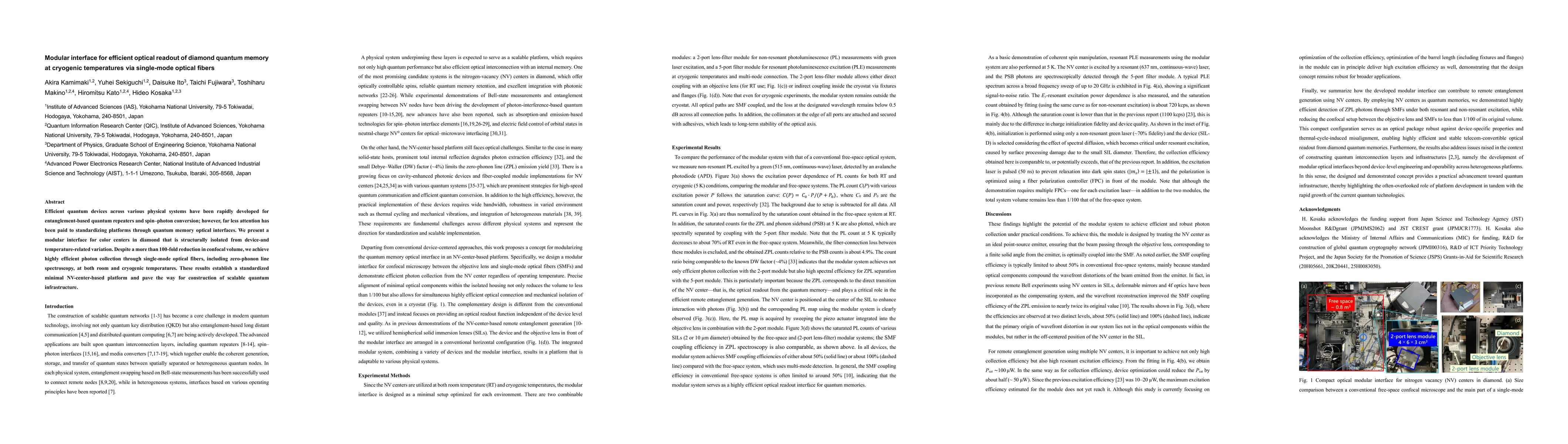 Thumbnail for Modular interface for efficient optical readout of diamond quantum
  memory at cryogenic temperatures via single-mode optical fibers