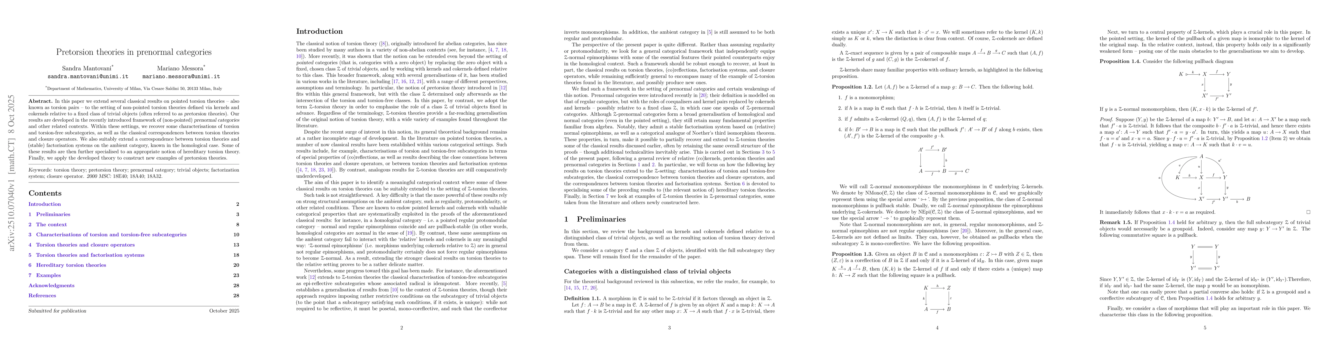 Thumbnail for Pretorsion theories in prenormal categories