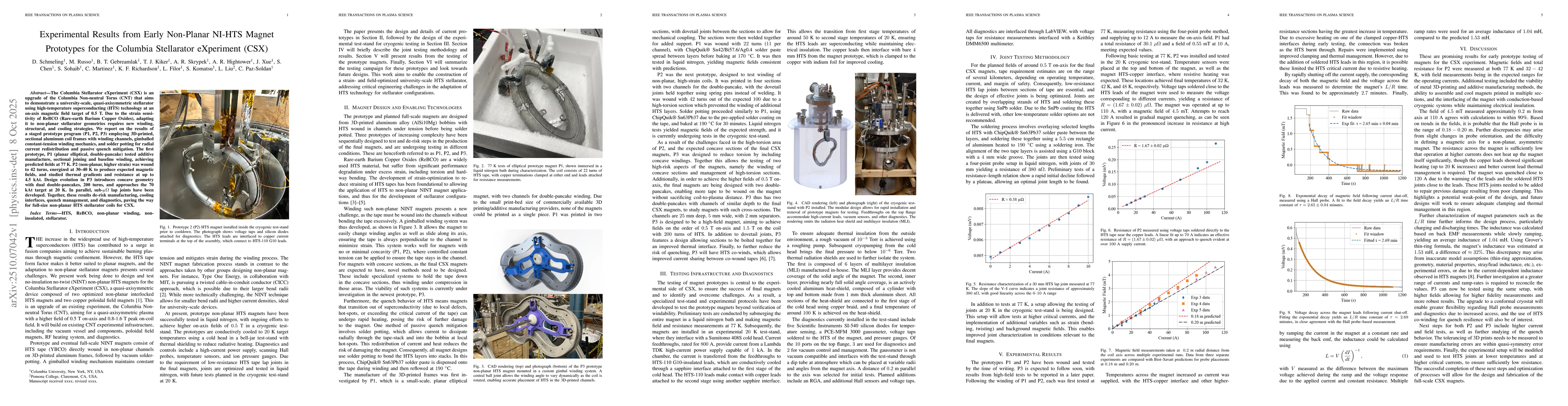 Thumbnail for Experimental Results from Early Non-Planar NI-HTS Magnet Prototypes for
  the Columbia Stellarator eXperiment (CSX)