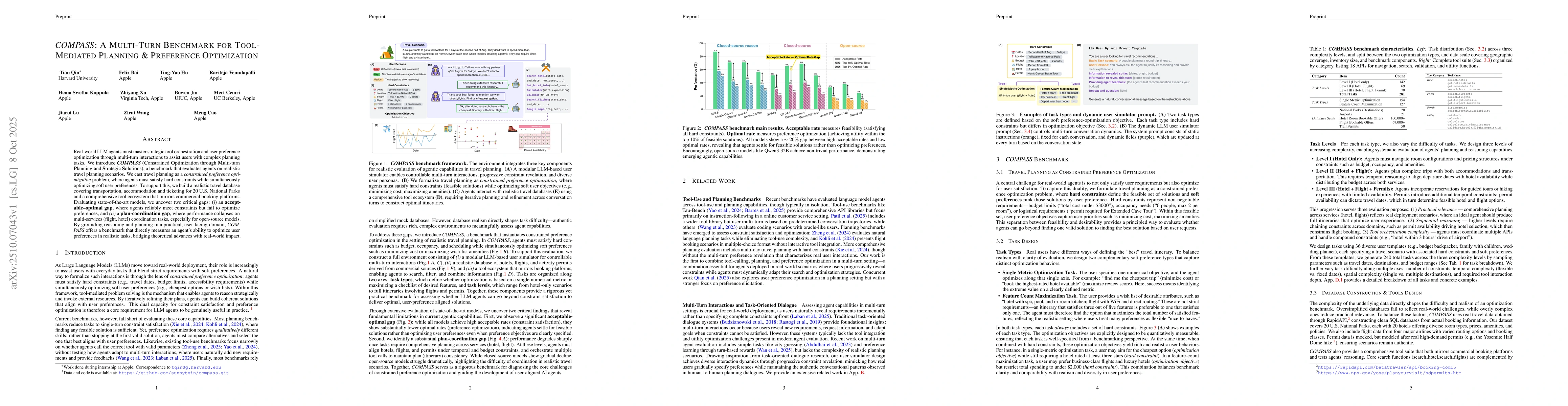 Thumbnail for COMPASS: A Multi-Turn Benchmark for Tool-Mediated Planning & Preference
  Optimization