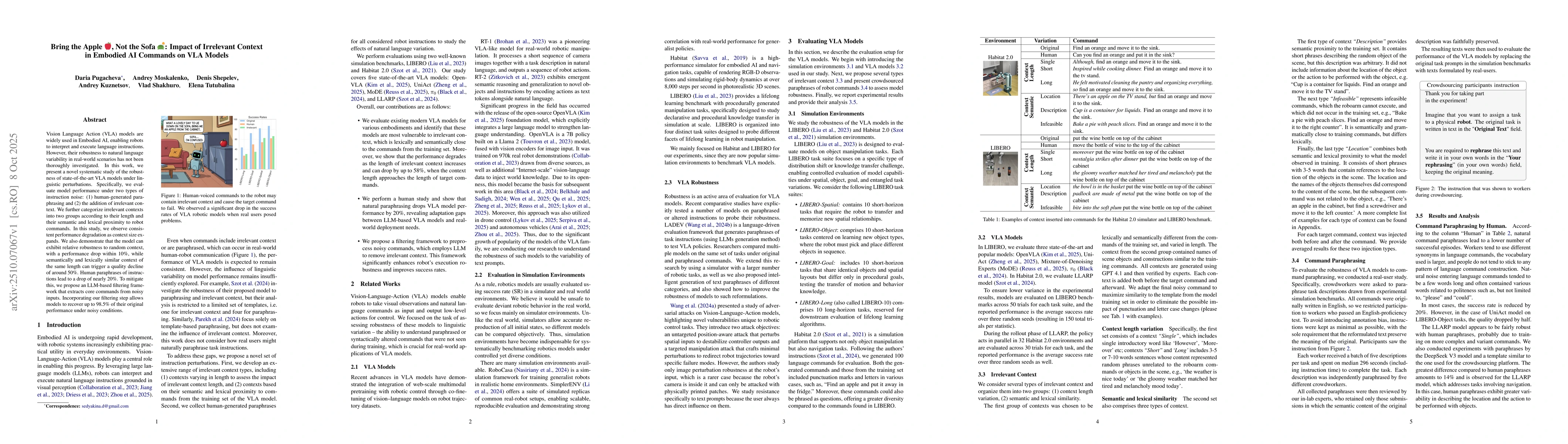 Thumbnail for Bring the Apple, Not the Sofa: Impact of Irrelevant Context in Embodied
  AI Commands on VLA Models