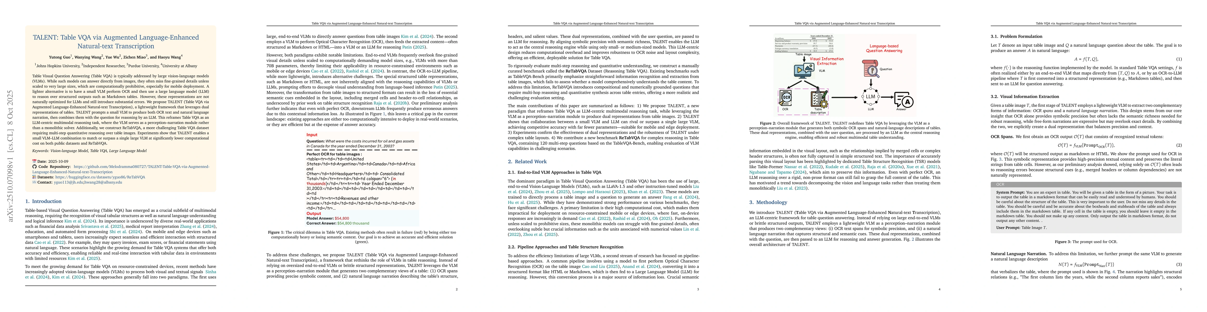 Thumbnail for TALENT: Table VQA via Augmented Language-Enhanced Natural-text
  Transcription
