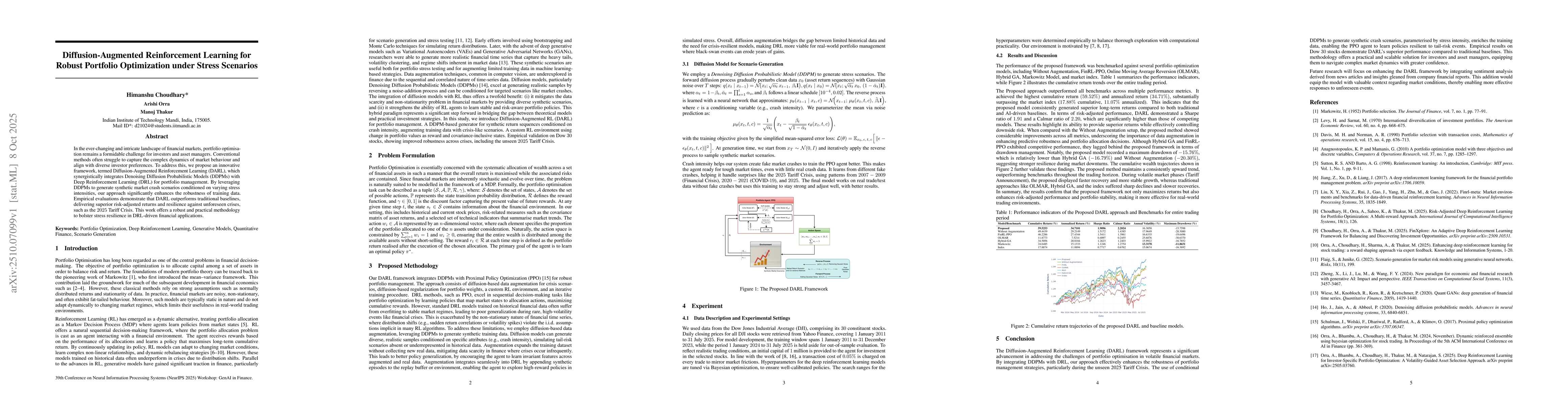 Thumbnail for Diffusion-Augmented Reinforcement Learning for Robust Portfolio
  Optimization under Stress Scenarios