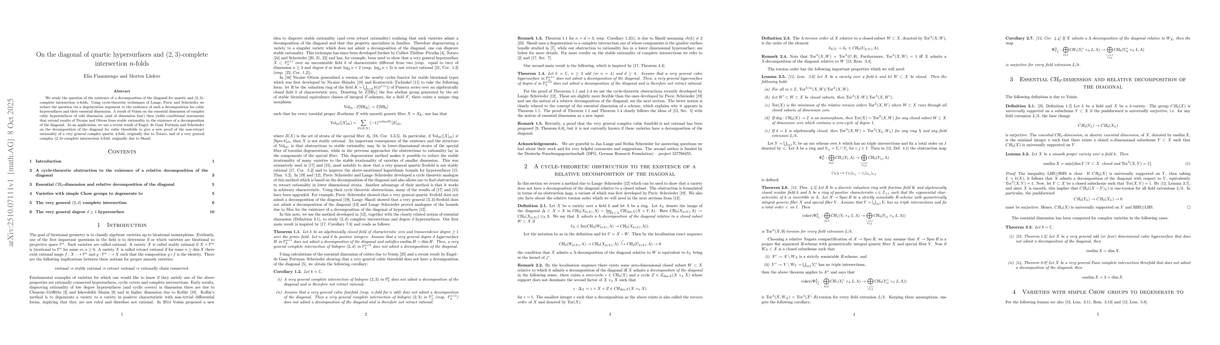 Thumbnail for On the diagonal of quartic hypersurfaces and $(2,3)$-complete
  intersection $n$-folds