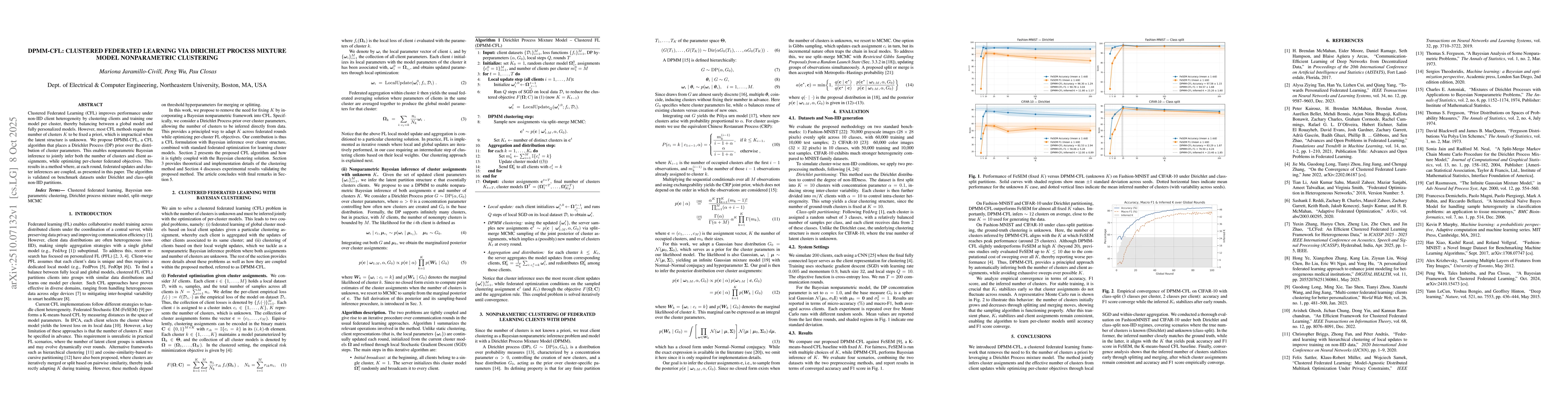 Thumbnail for DPMM-CFL: Clustered Federated Learning via Dirichlet Process Mixture
  Model Nonparametric Clustering