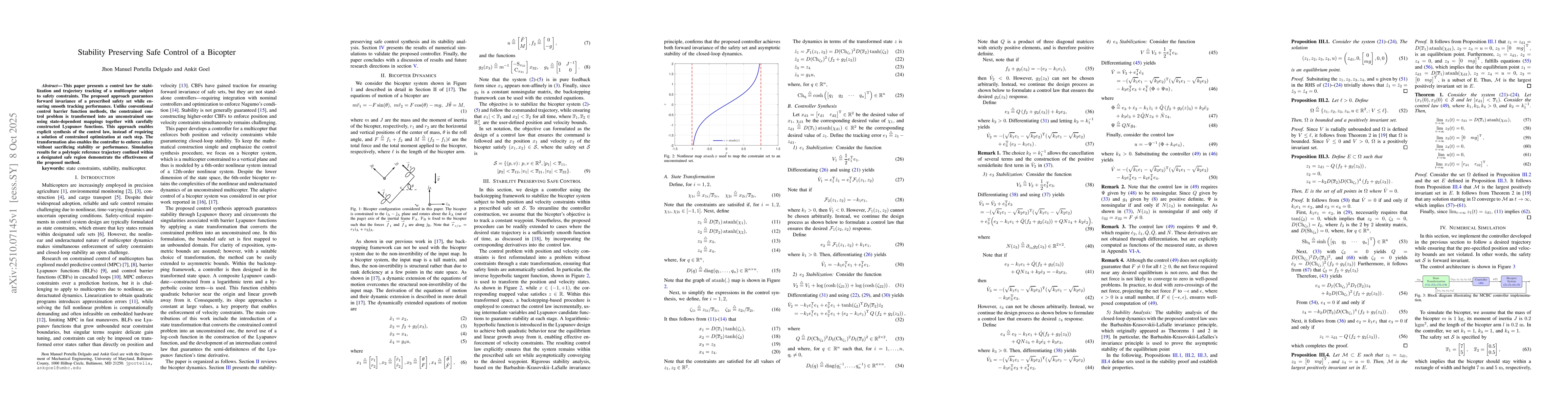 Thumbnail for Stability Preserving Safe Control of a Bicopter