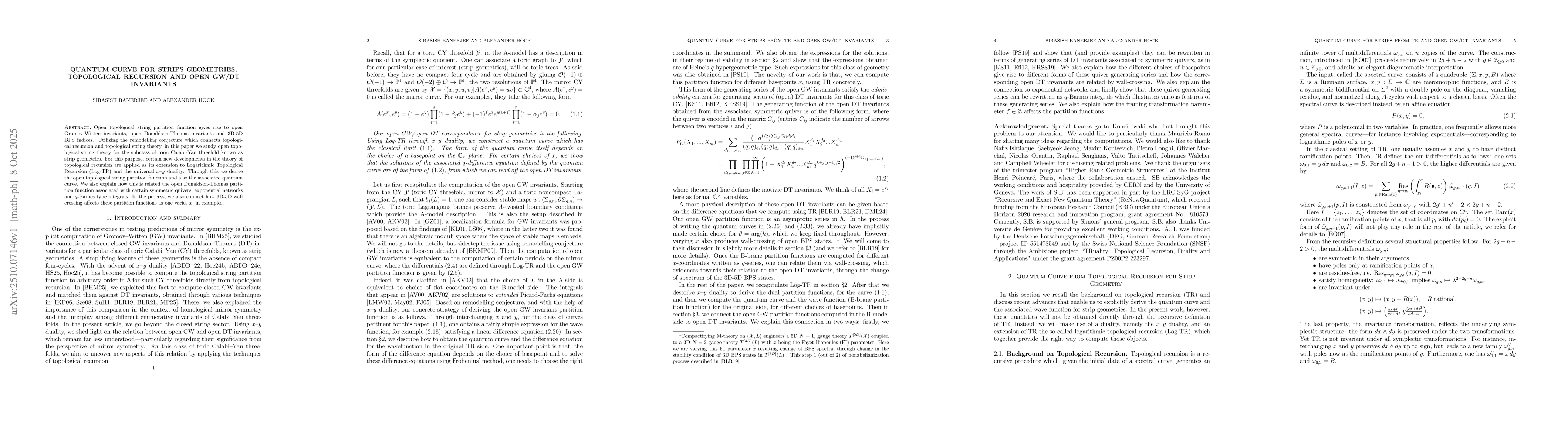 Thumbnail for Quantum Curve for strips geometries, Topological Recursion and open
  GW/DT invariants