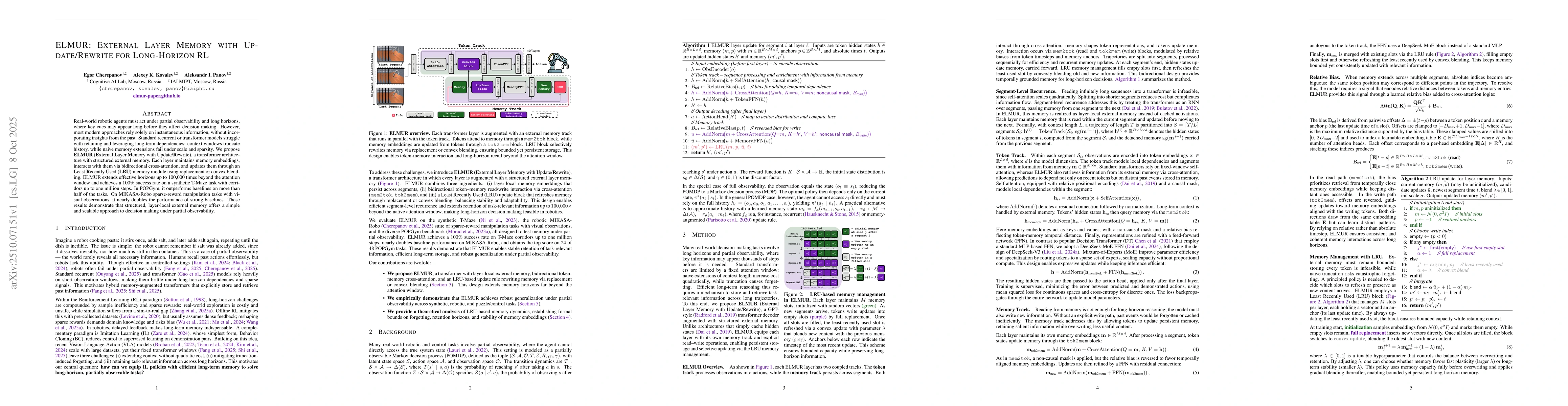 Thumbnail for ELMUR: External Layer Memory with Update/Rewrite for Long-Horizon RL