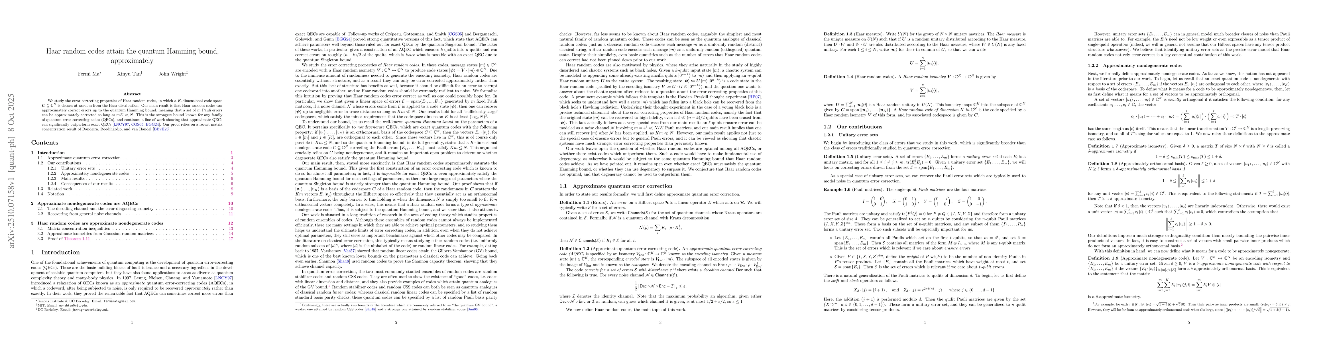 Thumbnail for Haar random codes attain the quantum Hamming bound, approximately