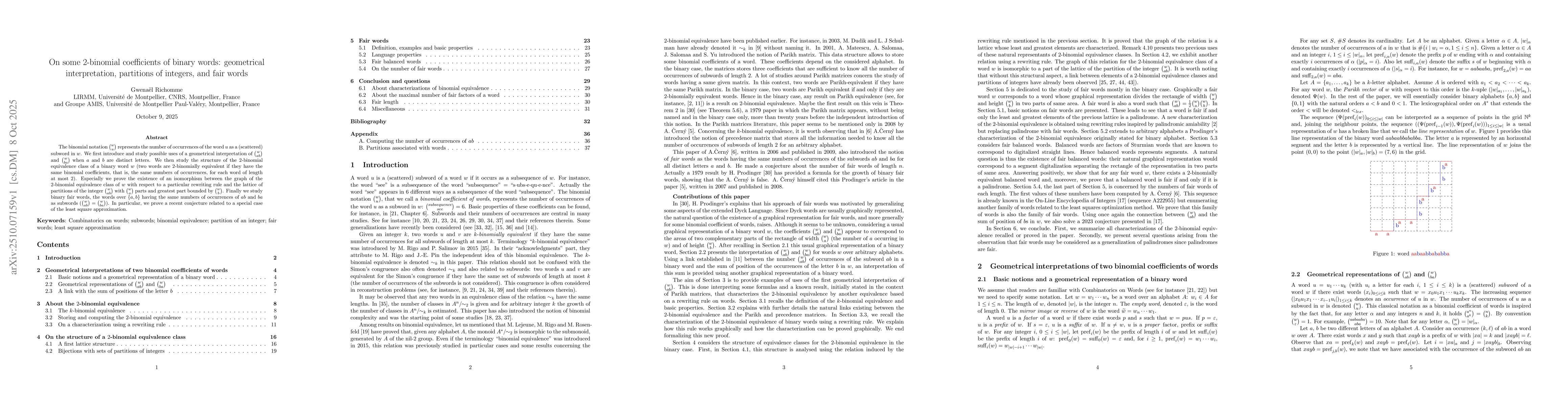 Thumbnail for On some 2-binomial coefficients of binary words: geometrical
  interpretation, partitions of integers, and fair words