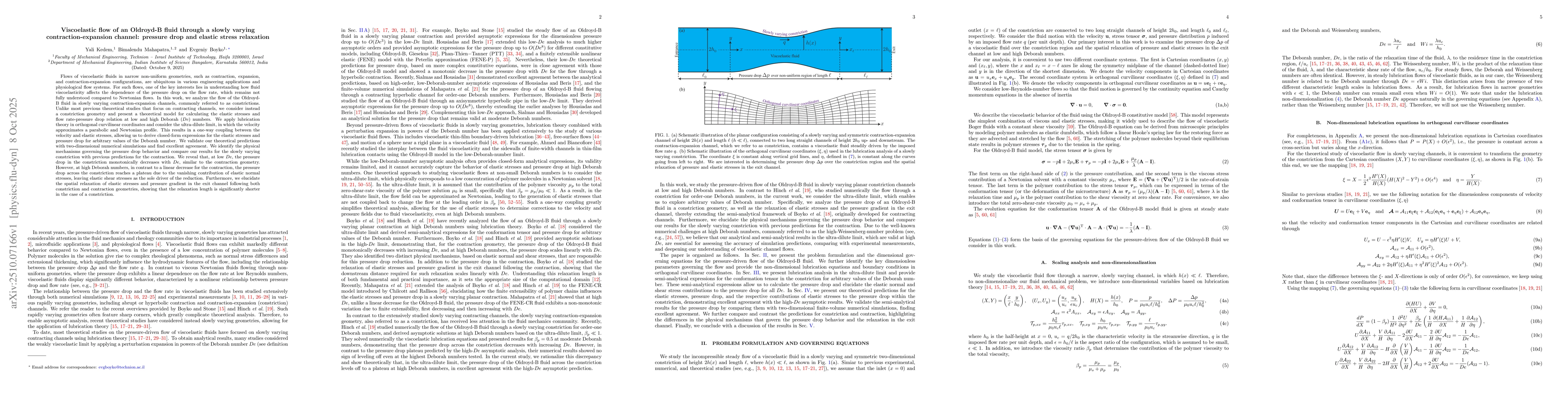 Thumbnail for Viscoelastic flow of an Oldroyd-B fluid through a slowly varying
  contraction-expansion channel: pressure drop and elastic stress relaxation
