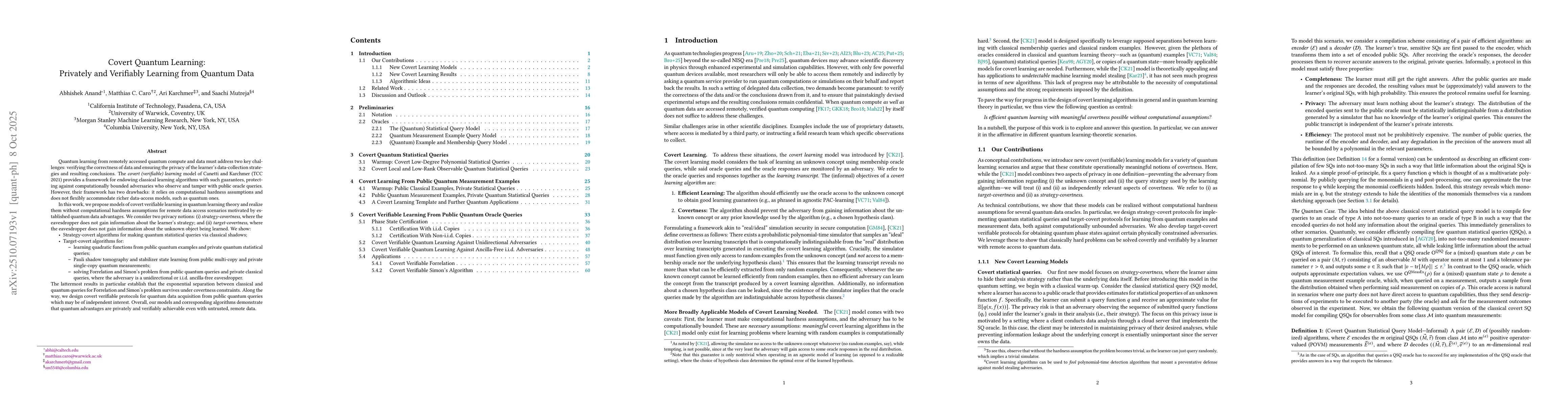 Thumbnail for Covert Quantum Learning: Privately and Verifiably Learning from Quantum
  Data