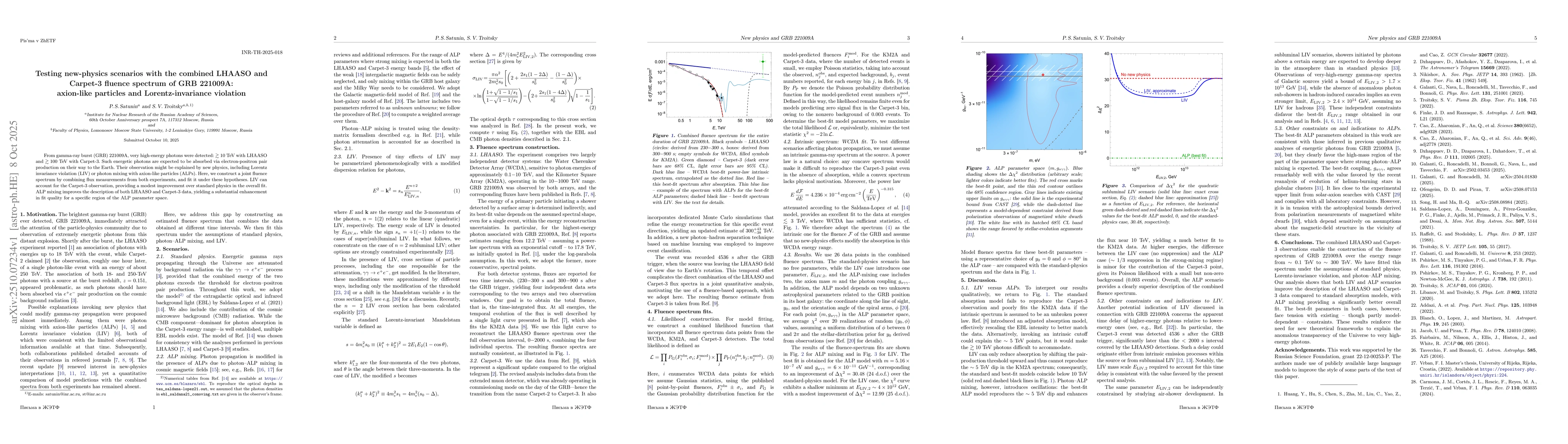 Thumbnail for Testing new-physics scenarios with the combined LHAASO and Carpet-3
  fluence spectrum of GRB 221009A: axion-like particles and Lorentz-invariance
  violation