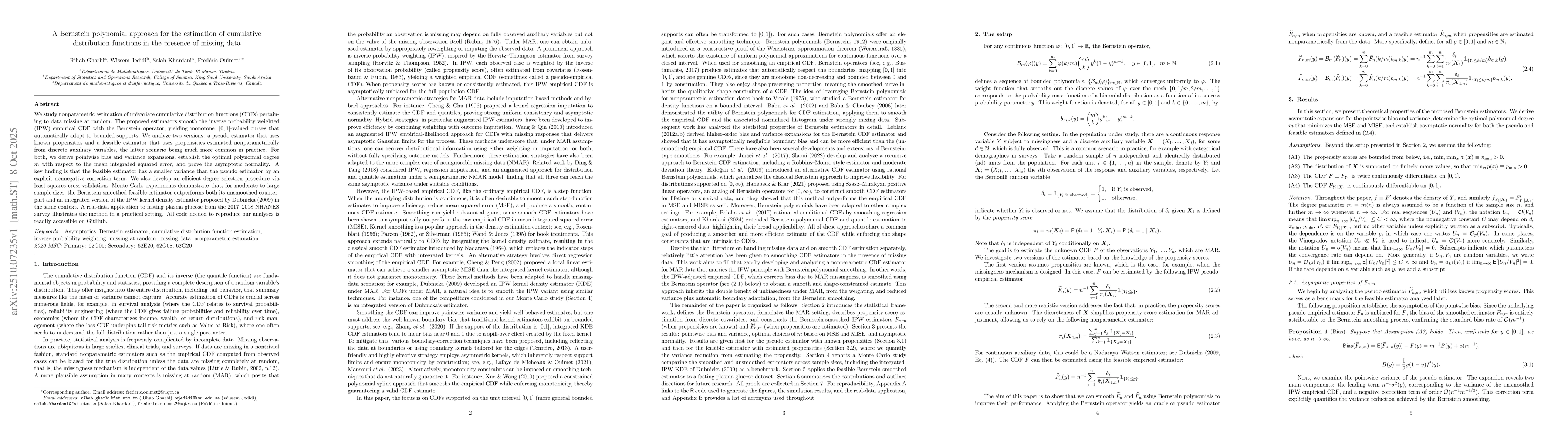 Thumbnail for A Bernstein polynomial approach for the estimation of cumulative
  distribution functions in the presence of missing data
