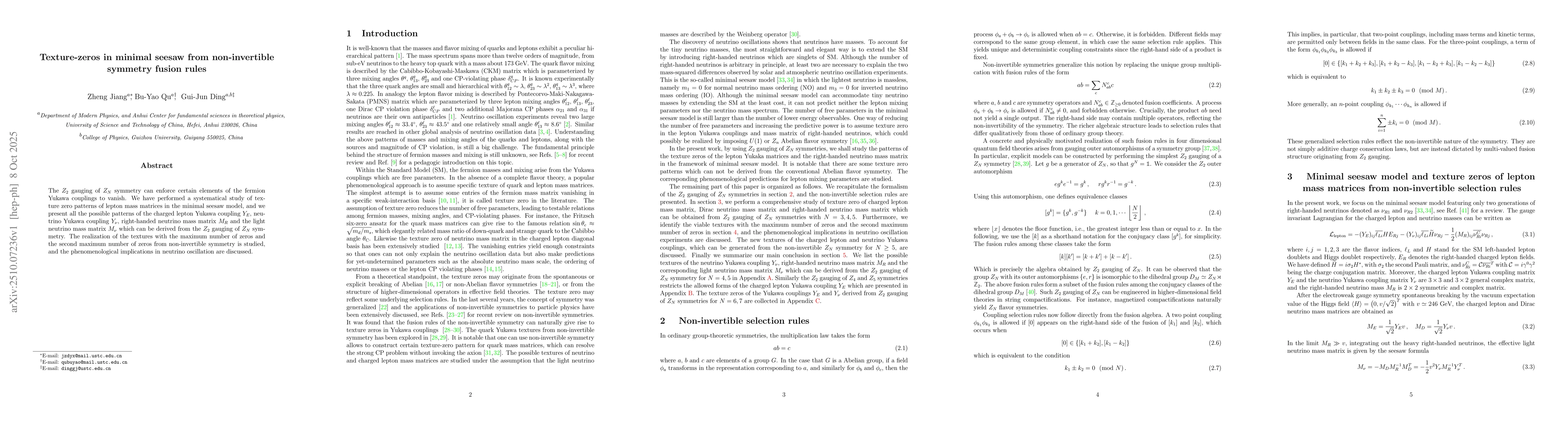 Thumbnail for Texture-zeros in minimal seesaw from non-invertible symmetry fusion
  rules