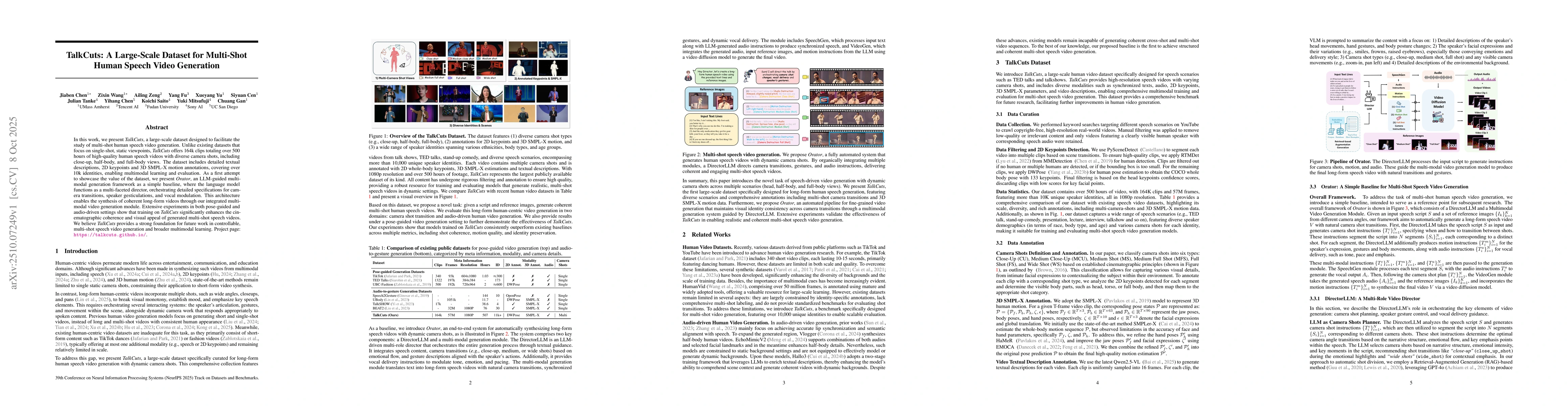 Thumbnail for TalkCuts: A Large-Scale Dataset for Multi-Shot Human Speech Video
  Generation