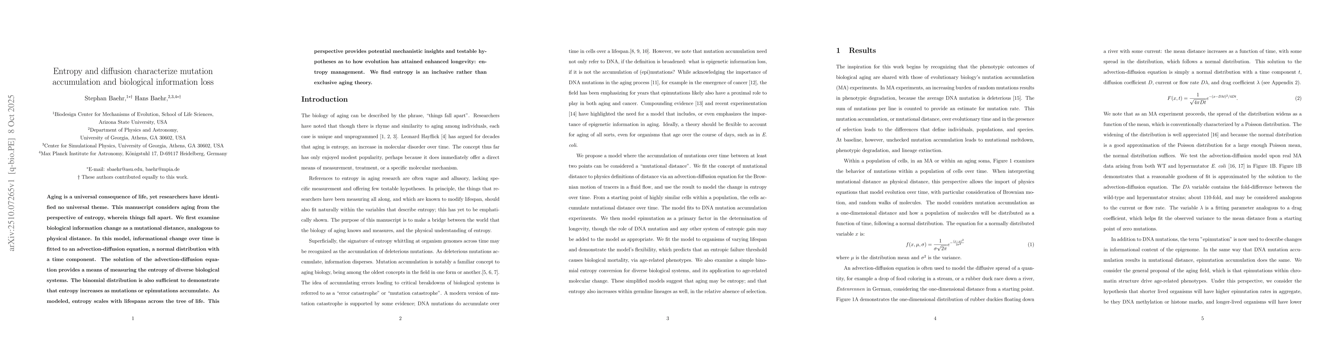 Thumbnail for Entropy and diffusion characterize mutation accumulation and biological
  information loss