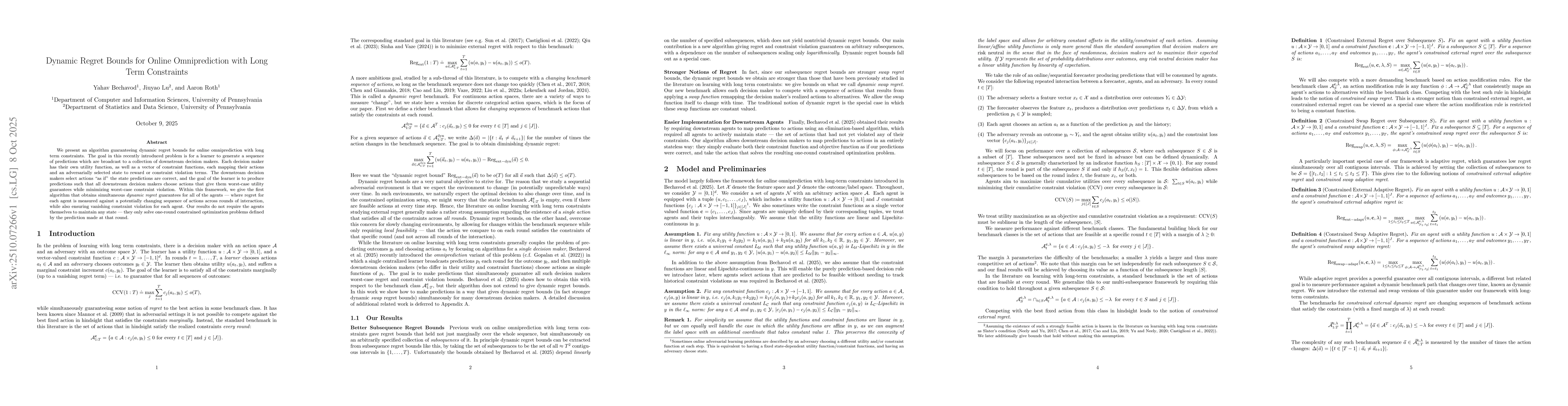 Thumbnail for Dynamic Regret Bounds for Online Omniprediction with Long Term
  Constraints