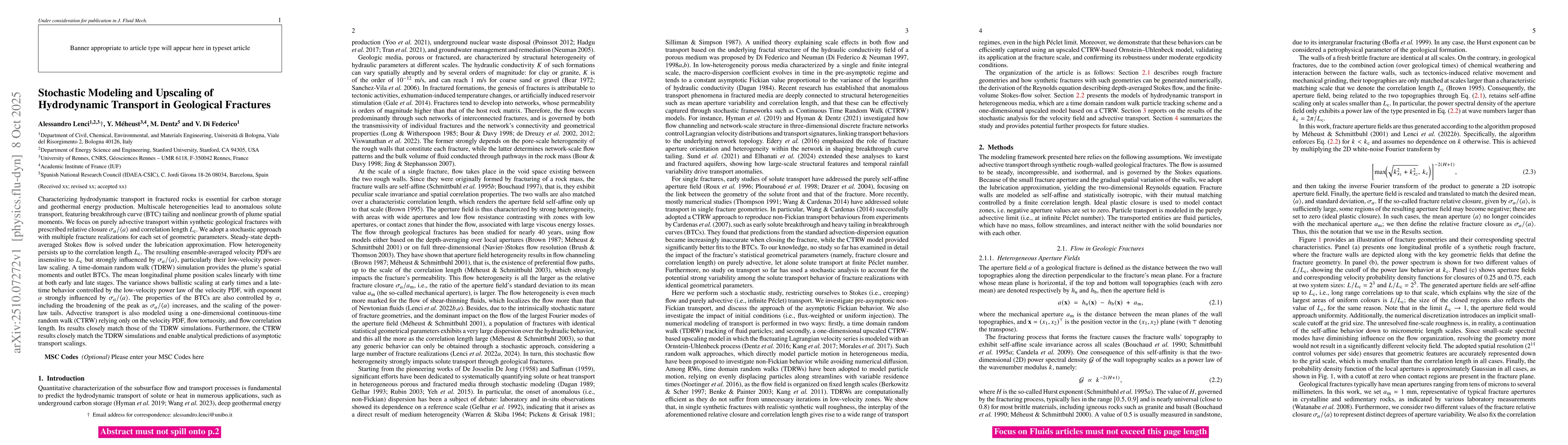 Thumbnail for Stochastic Modeling and Upscaling of Hydrodynamic Transport in
  Geological Fractures