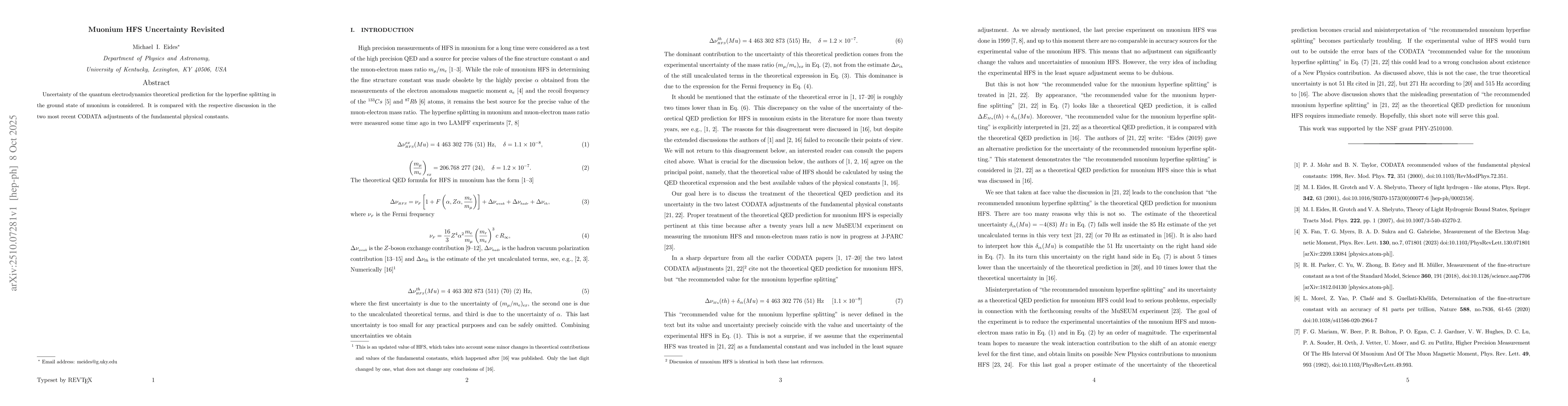 Thumbnail for Muonium HFS Uncertainty Revisited