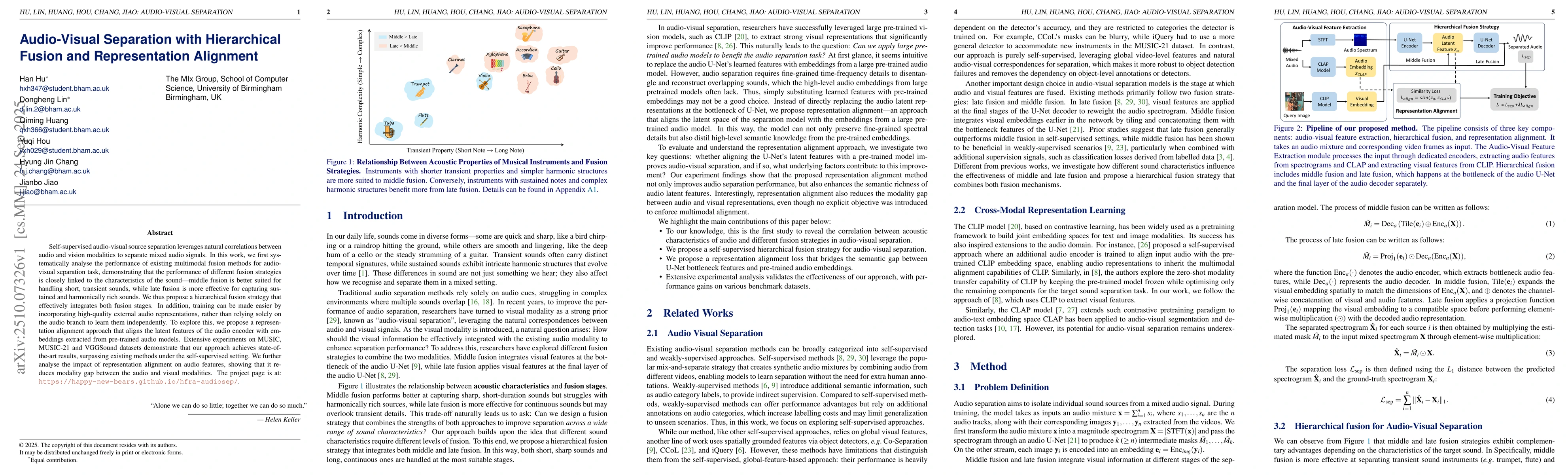Thumbnail for Audio-Visual Separation with Hierarchical Fusion and Representation
  Alignment